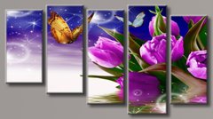 Модульна картина на полотні з 5-ти частин "Метелики на тюльпанах"