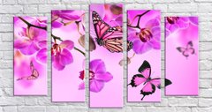 Модульная картина на холсте из 5-ти частей "Бабочки на орхидеях"