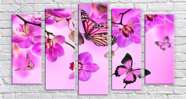 Модульна картина на полотні з 5-ти частин "Метелики на орхідеях"