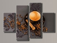 Модульная картина на холсте из 4-х частей "Кофе с корицей"
