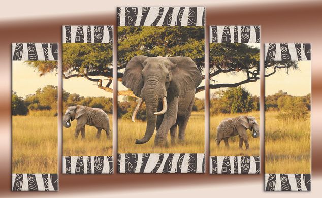 Модульная картина на холсте из 5-ти частей "Африканские слоны"