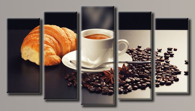 Модульна картина на полотні з 5-ти частин "Кава з круасаном"