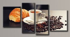 Модульная картина на холсте из 4-х частей "Кофе с круассаном"