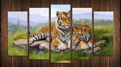 Модульна картина на полотні з 5-ти частин "Пара тигрів"